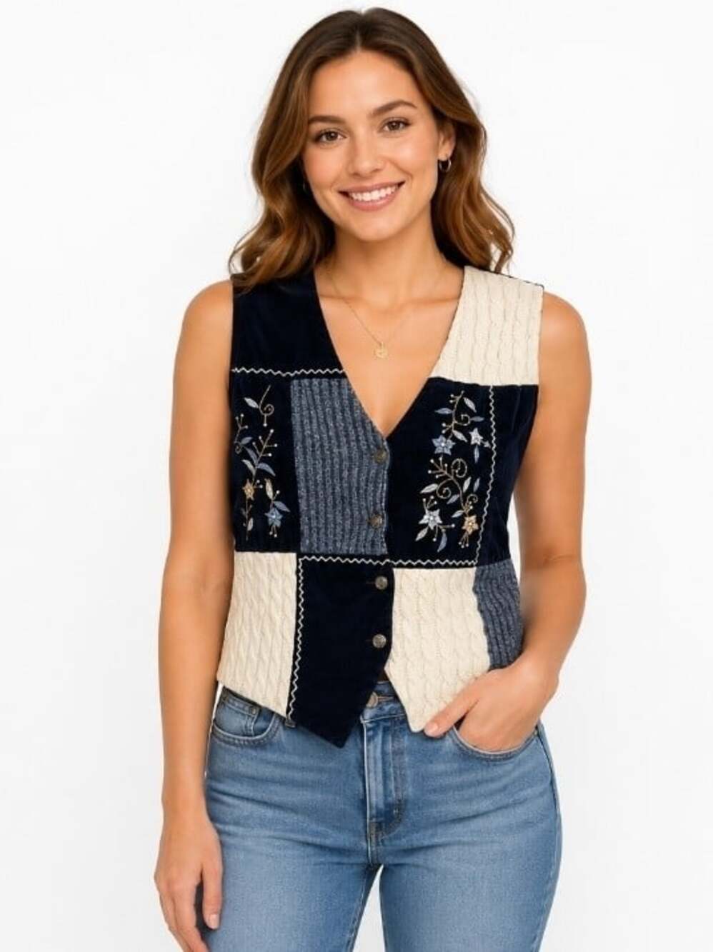 VTG Blair Sweater Vest Flowers Patchwork Embroidered COUNTRY sz XL  Vintage L300